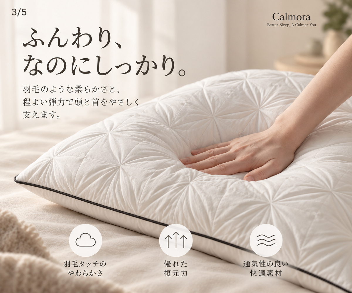 Calmora 羽毛枕を手で押して柔らかさを示す商品イメージ