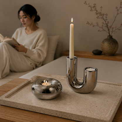 シルバーキャンドルホルダーを寝室で使用している写真
