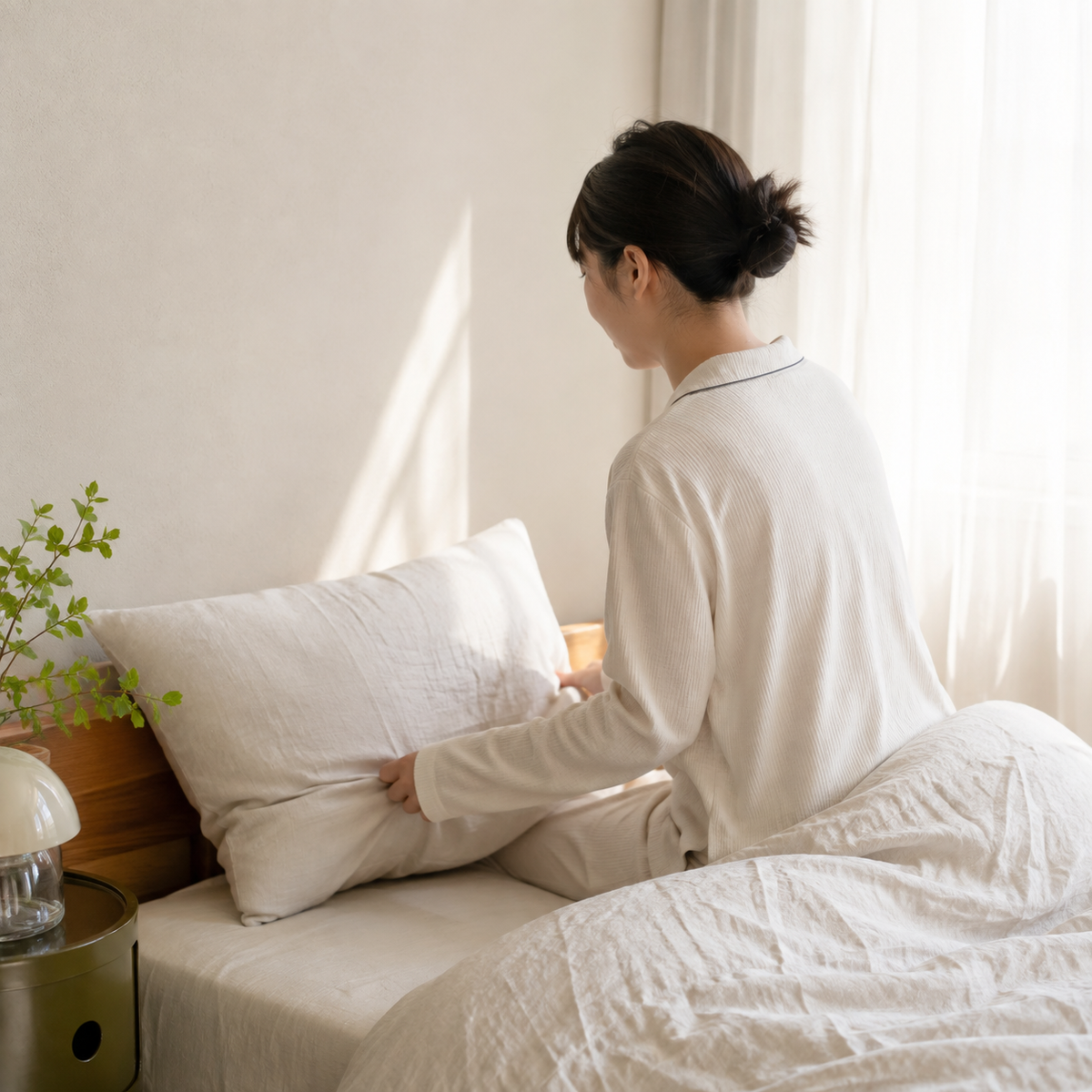 朝の寝室で枕を整える女性