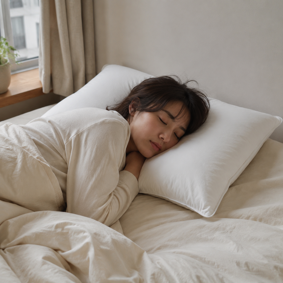 洗えるコットン枕で眠る若い女性