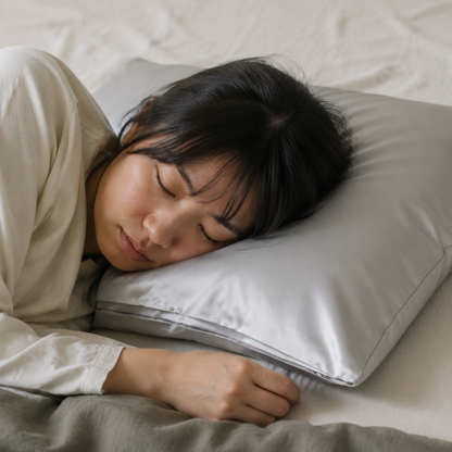 シルバーグレーの枕カバーで眠る若い女性